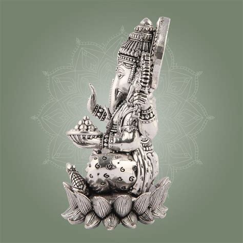 Silver-Plated Lord Ganesha on Lotus Idol Pure Brass Murti