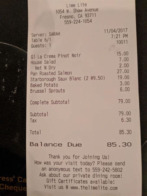 Menu at The Lime Lite restaurant, Fresno