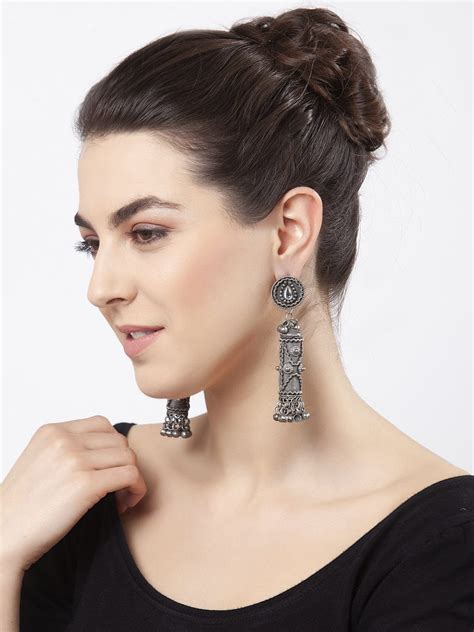 Handcrafted Temple Tribal Design Oxidised Silver Plated Jhumkas