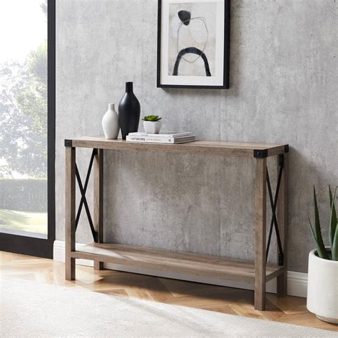 Buy Industrial 46 in. Gray Wash Standard Rectangle Wood Console Table ...