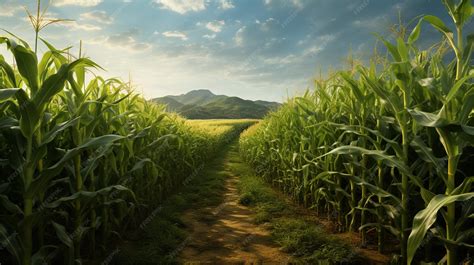 Premium Photo | A field of corn with mountains in the background.