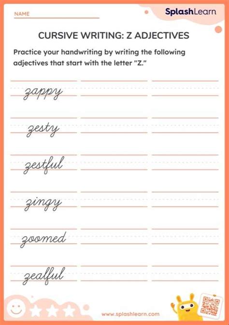Cursive Writing: Z Adjectives — Printable ELA Worksheet