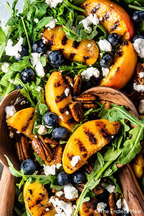 Grilled Peach Salad with Curry Pecans & Honey Vinaigrette