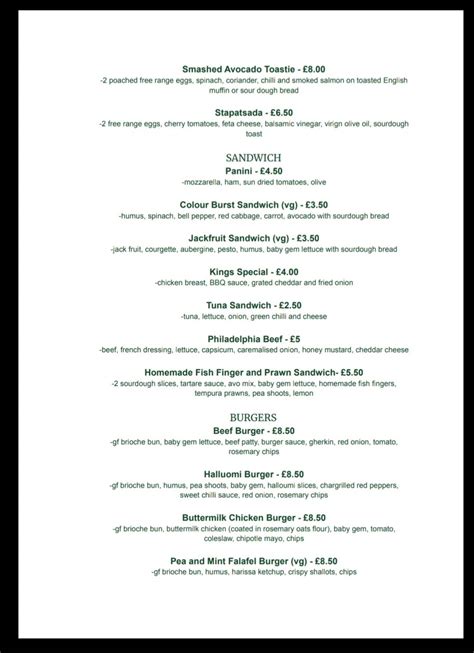 Menu at Kitchenette coffee restaurant, Epsom