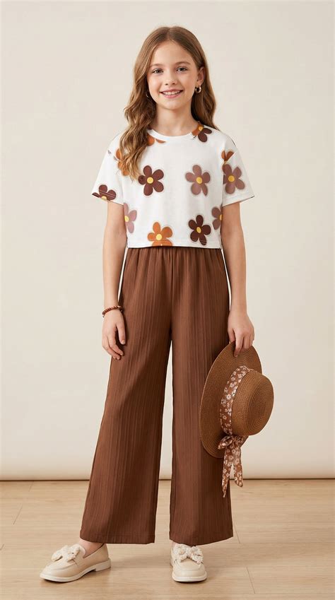 Girls Floral Printed Top with Brown Palazzo Pants Co-Ord Set for Kids