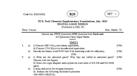 Digital Logic Design R203104Q B.Tech I Sem Supplementary Exam July 2023 ...