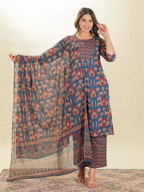 Buy Blue Mughal Print Flared Soft Cotton Kurta TP2064T | Aramya