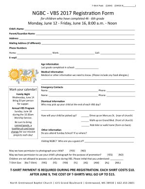 Fillable Online VBS Registration Form - North Greenwood Baptist Church ...