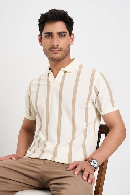 White Striped Casual Half Sleeves Polo Collar Men Slim Fit T-Shirts ...