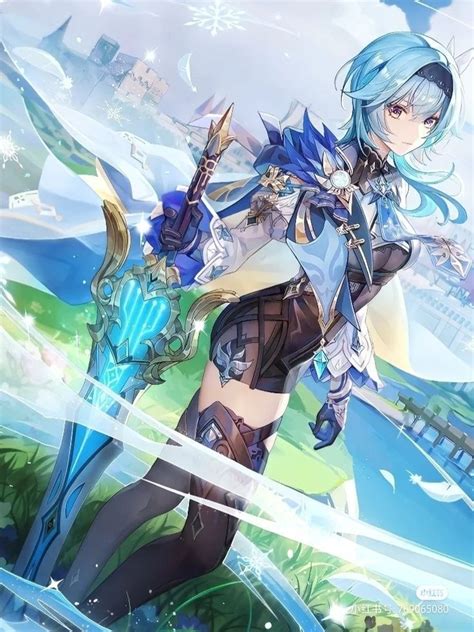 an anime character with blue hair holding two swords