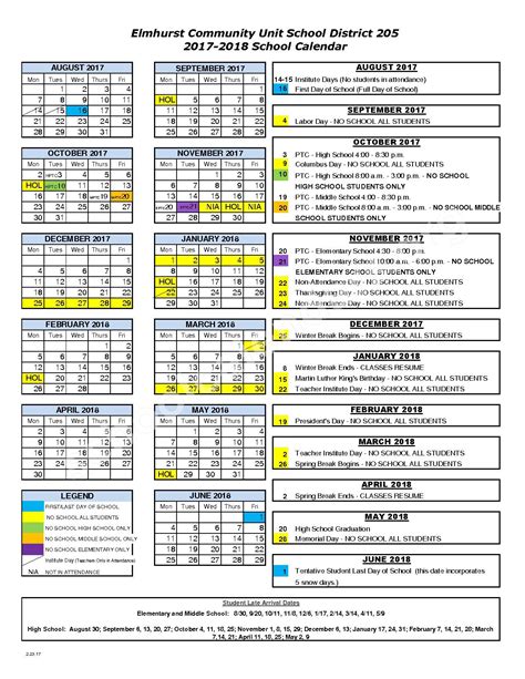 2017 - 2018 School Calendar | Elmhurst Community Unit School District ...