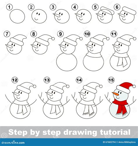 Snowman. Drawing tutorial. stock vector. Illustration of drawing - 67683794