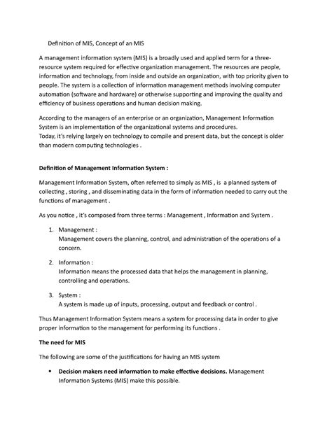 Definition of MIS, Concept of an MIS-1 - The resources are people ...