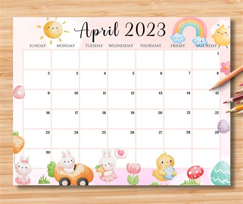 Editable april 2023 calendar happy easter day with cute chicken duck ...