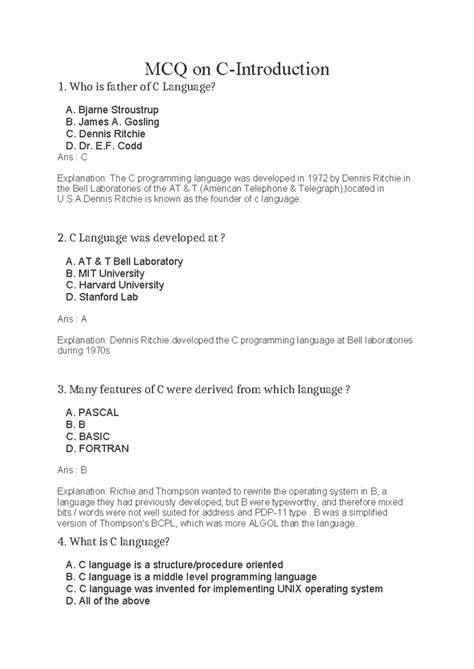 MCQ on C Language Basics - QA Notes (Course Code: Basics-c) - Studocu