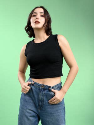 Buy PURVAJA Women Sleeveless Round Neck Black Crop Top (S) Online