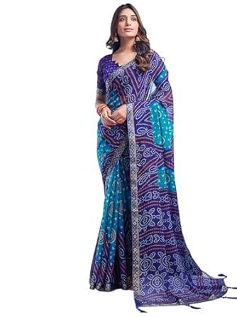 Buy SAMAH Women's Bandhani Printed Chiffon Saree with Unstitched Blouse ...