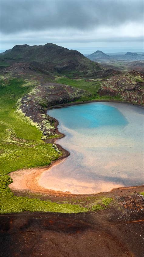 Aerial view from on Arnarvatn lake at Reykjanes peninsula in Iceland ...