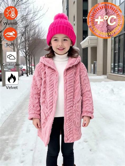 SHEIN Young Girl Knit Fluffy Hooded Casual Jacket Pink Cardigan Kids ...