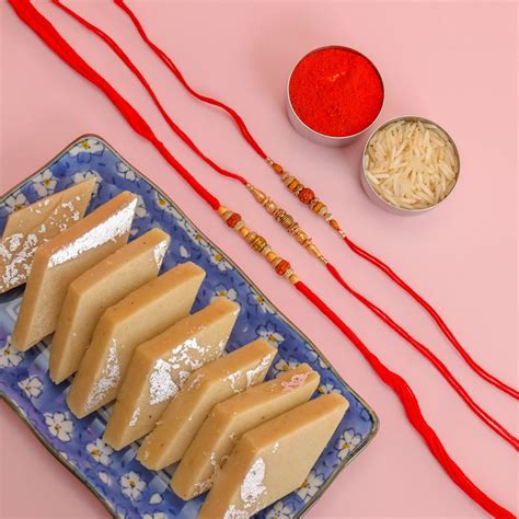 Send Traditional Set of 3 Rakhis With Kaju Katli Online | Rakhibazaar.com
