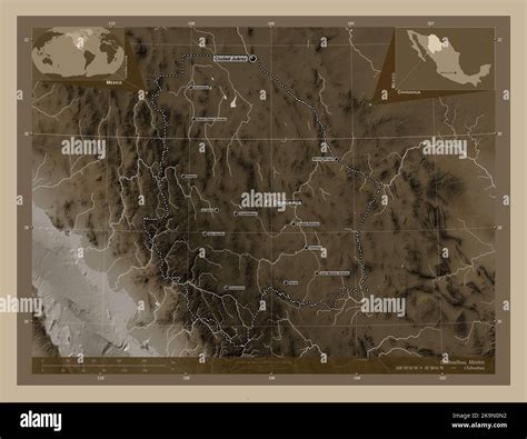 Chihuahua, state of Mexico. Elevation map colored in sepia tones with ...