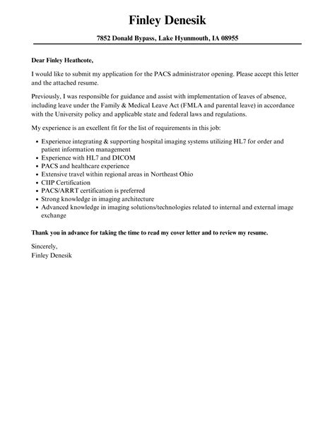 PACS Administrator Cover Letter | Velvet Jobs