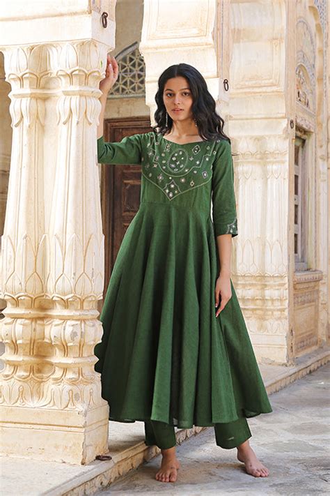 Nostalgia Mirror Work Pure Cotton Embroidered Green Kurta Pant Set ...