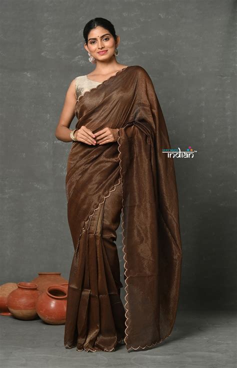 Tyohaar ~ Mul Cotton Zari Design Handloom Woven Saree - Brown ...