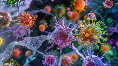 Premium Photo | Microscopic image of a cluster of viruses attached to human cells in vivid colors