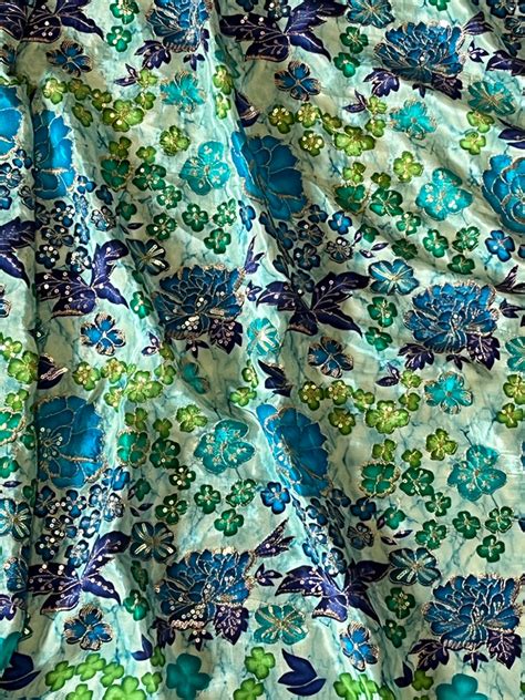 Mint and Blue Floral Printed Crepe Fabric Featuring Intricate Embroide