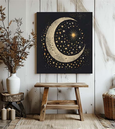 Celestial Stars and Moon Mystical Canvas Wall Art Home Decor, Gold Moon ...