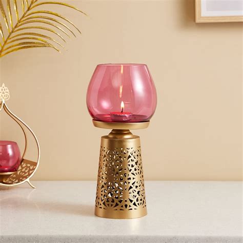 Buy Home Centre Rylee Cut-Out Detailed Glass Hurricane with Metal Base ...