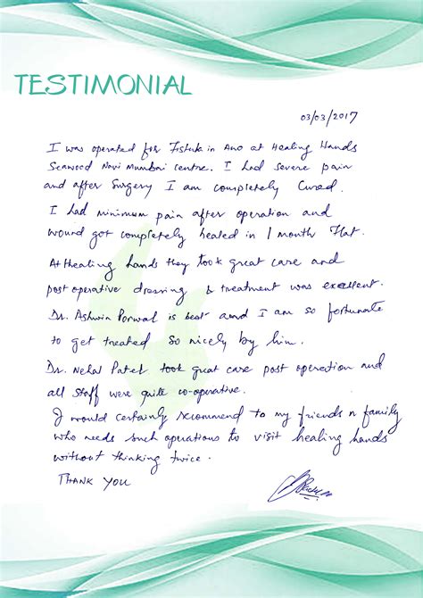 Reviews, Letter and Email Towards Healing Hands Clinic