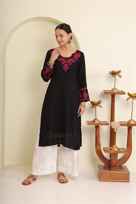Ishq Modal Black chikankari Kurta in Pink embroidery – Gharana India