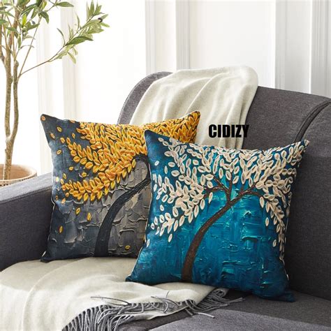 CIDIZY Jute Tree Floral Cushion Covers, 24 x 24 Inch, Set of 2 ...