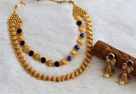 Antique gold tone blue stone mango double layer necklace set dj-50591 ...