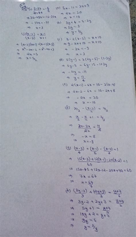 Q2. Solve the following equations:(a) 5x-11=3x+9(b) 3y+4=7-2y(c) 9-2(x ...