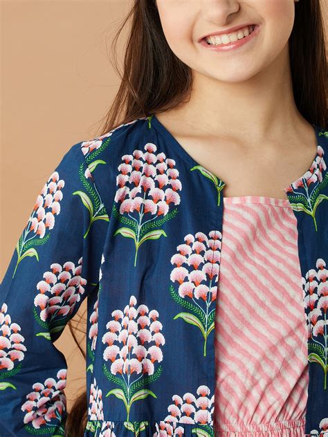 Shop Girls Striped A-Line Midi Cotton Dress (IW-BLUEBOOTACAPE) Online