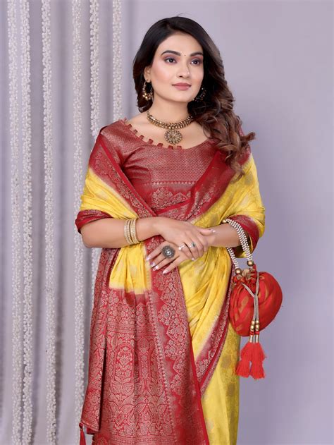 Shop Yellow Maroon Satin Silk Saree | Kalyanja