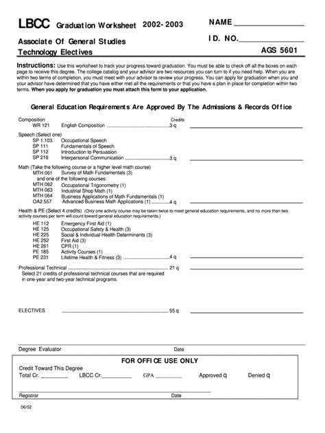 Fillable Online linnbenton LBCC Graduation Worksheet 2002-2003 NAME ID ...