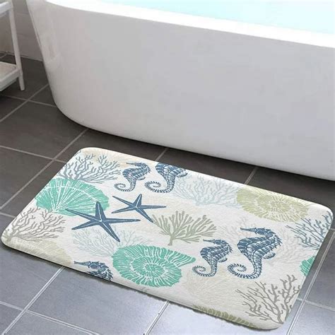 Nautical Coastal Bath Rugs, Starfish Coral Seahorse Conch Ocean Themed ...