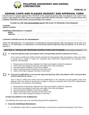 GAMING CHIPS AND PLAQUES REQUEST AND APPROVAL Doc Template | pdfFiller