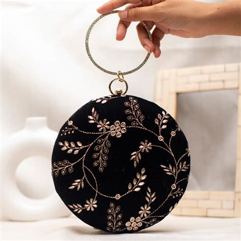 Black And Golden Floral Embroidery Round Clutch - Artklim