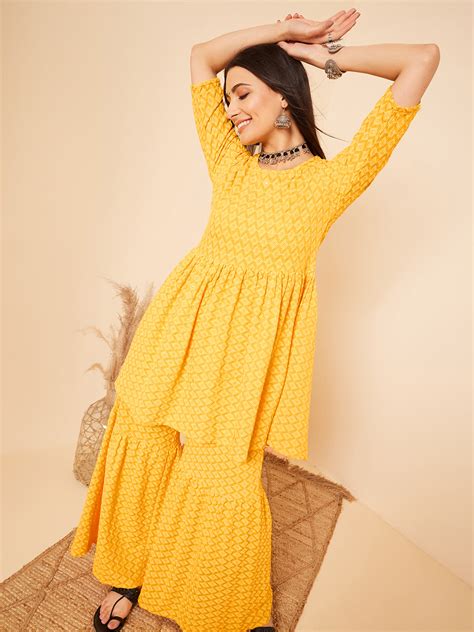 Butter Yellow Chikankari Kurta Set With Sharara