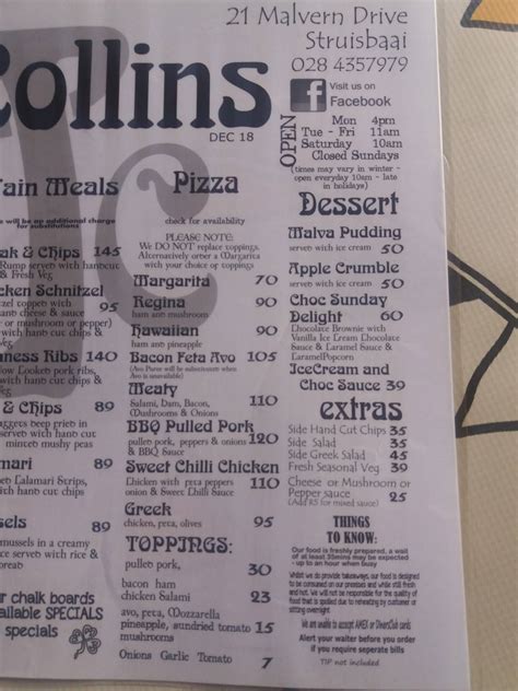 Menu at The Michael Collins - TMC Irish Pub, Struis Bay