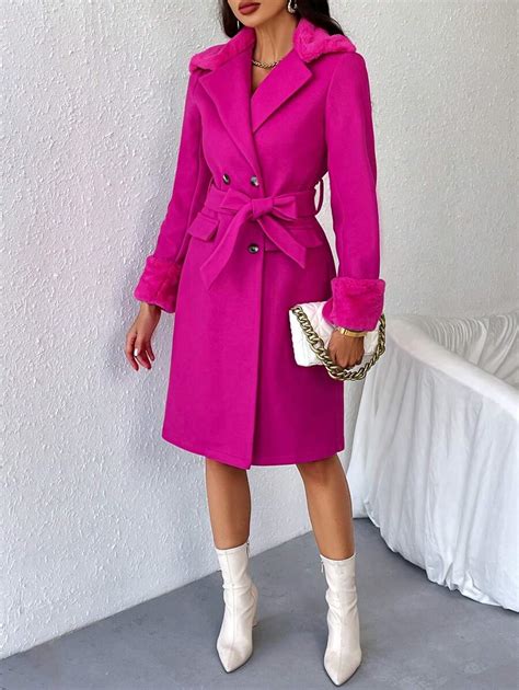 Rafferiza Borg Collar Double Breasted Belted Overcoat | SHEIN USA