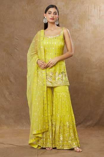 Buy Yellow Georgette, Net Sequins Scoop Miniature Floral Work Kurta ...