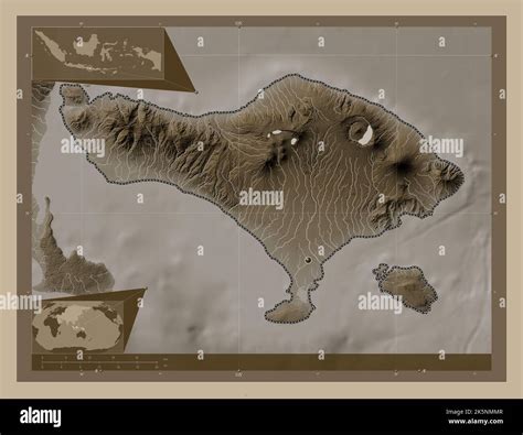 Bali, province of Indonesia. Elevation map colored in sepia tones with lakes and rivers. Corner ...