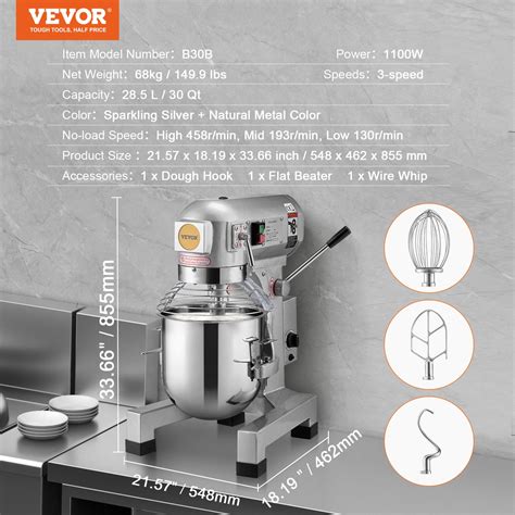 VEVOR Commercial Food Mixer 28.5L 3-Speed Stand Dough Mixer 1100W for ...