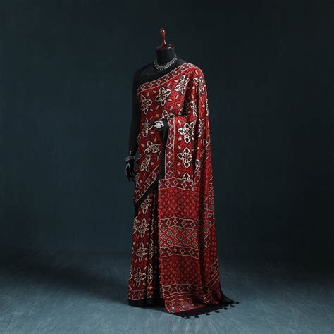 Red Natural Dyed Modal Silk Kutch Hand Block Print Ajrakh Saree